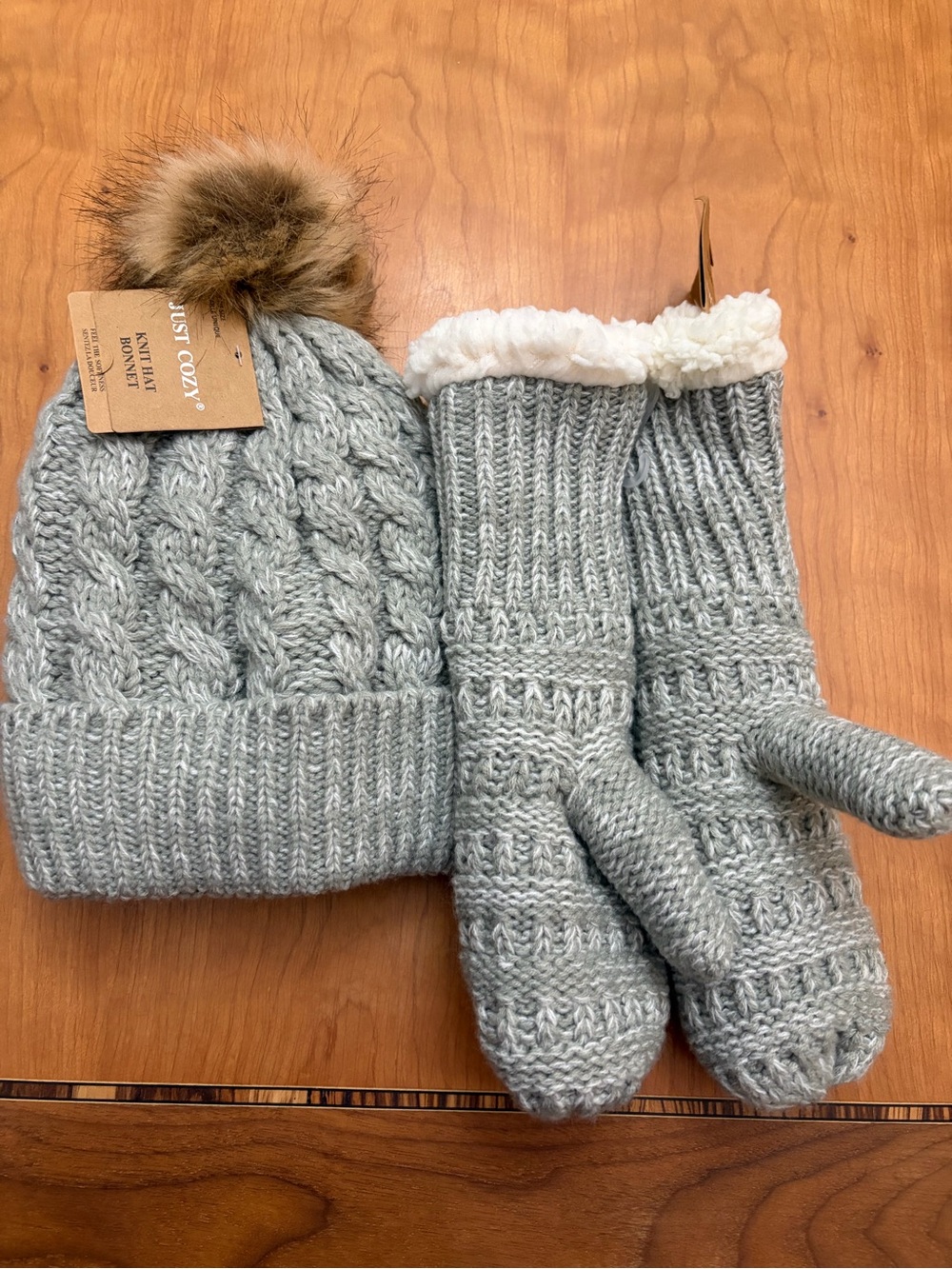 Womens Grey Knit Pom Beanie and Fleece-Lined Mittens Set
